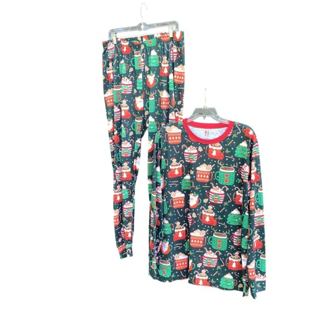 PJ Place Christmas Pajama Set LG Green Santa Cocoa 100% Cotton Holiday Lounge